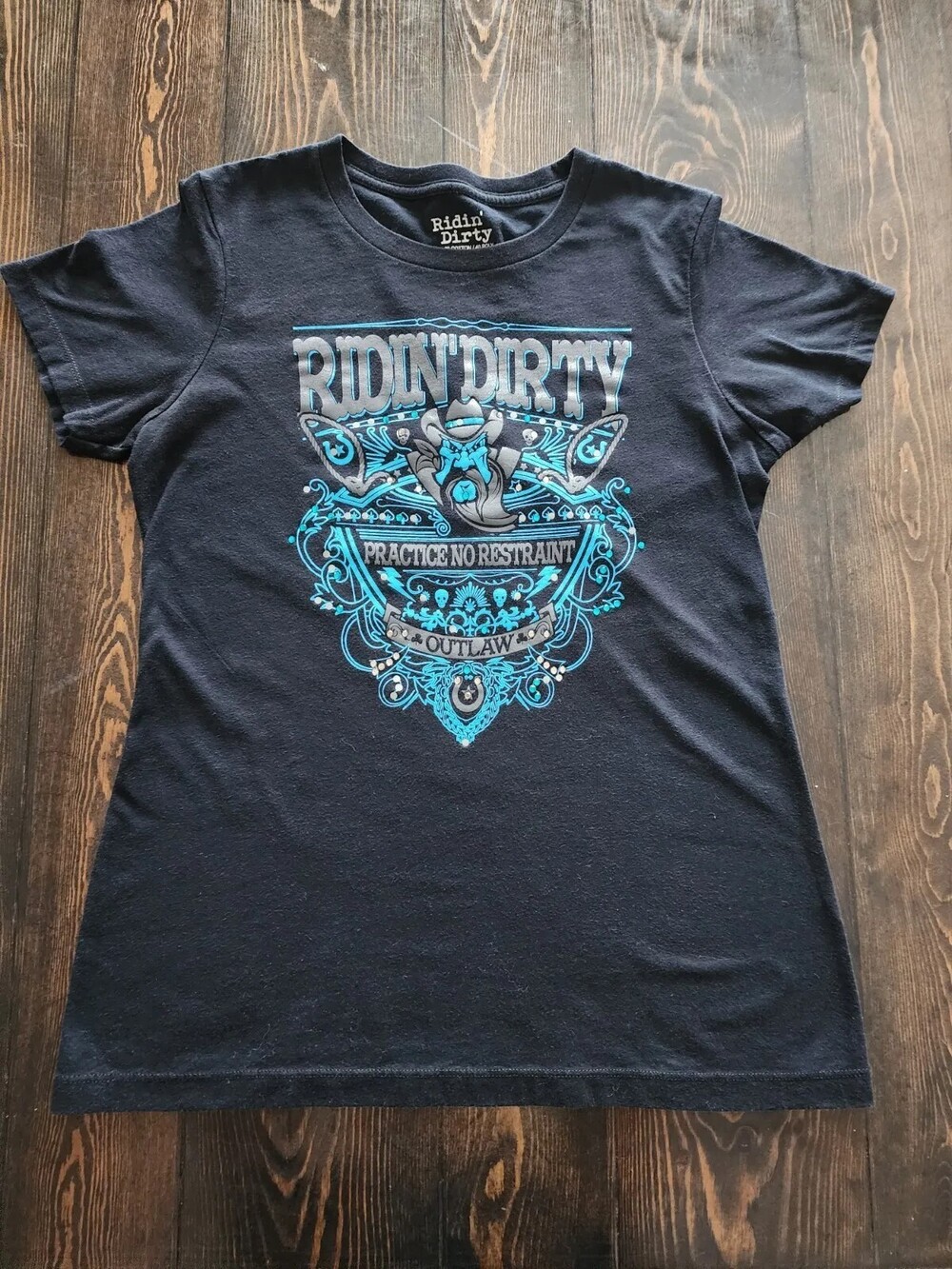 GRUNGE Tank Top Ridin' Dirty Black & Blue Racerback Tank Outlaw Womens L Large